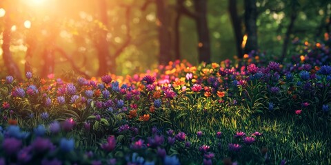 Obraz premium A vibrant, sunlit meadow filled with colorful wildflowers, creating a serene and magical atmosphere.