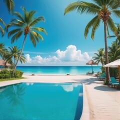 Fototapeta premium Tranquil beachside resort with a swimming pool under palm trees on a sunny day