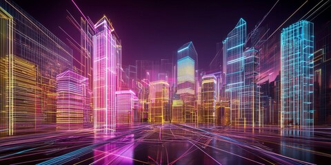 A vibrant, futuristic cityscape with neon outlines, featuring towering skyscrapers and dynamic, colorful lights.