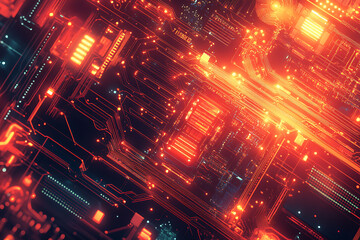 Fototapeta premium A futuristic circuit board design in festive New Year colors, featuring intricate digital technology elements, glowing lights, and advanced geometric patterns for a modern tech aesthetic.