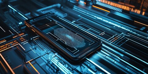 A sleek, modern smartphone sits on a futuristic circuit board, featuring a glowing fingerprint icon in vibrant blue and orange tones.