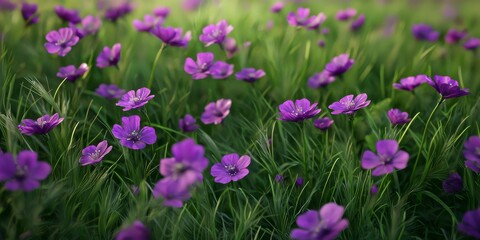 Obraz premium Vibrant purple flowers blooming amidst lush green grass in a serene landscape.