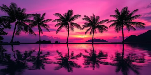 Serene tropical sunset with silhouetted palm trees reflecting on calm waters, creating a tranquil and vibrant atmosphere.