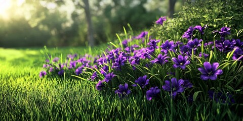 Naklejka premium A vibrant cluster of purple flowers blooming amid lush green grass in a serene garden setting.