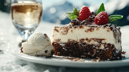 A chocolate cake beautifully captured against a snowy backdrop, embellished with red berries and mint leaves, contrasting warmth with winter serenity.