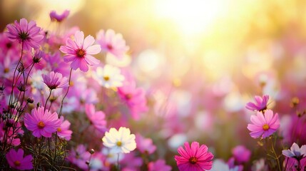 Obraz premium A field of pink and white daisies bathed in sunlight through the trees at midday