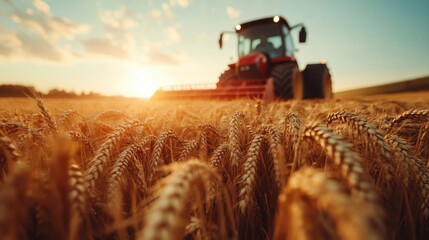 This image captures a red tractor poised amidst a vast wheat field during sunset, illustrating the harmony between machinery and nature in farming.