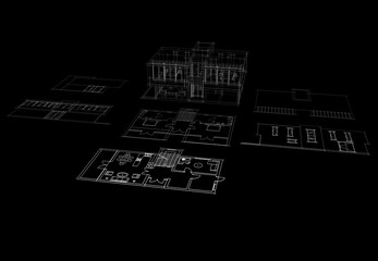 Architectural drawing  of a house 3d illustration