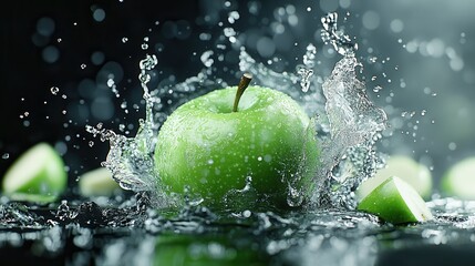 A solitary green apple is submerged in water, causing a visually captivating splash as apple slices surround it, all set against a dark backdrop.