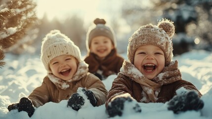 Three joyful children in winter gear play together in fresh snow, radiating happiness and laughter against a beautiful snowy backdrop, capturing the essence of winter fun.