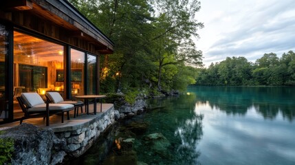 Obraz premium A lakeside house with a wooden deck offers a serene view of crystal-clear water and lush green surroundings, featuring modern design and tranquility.