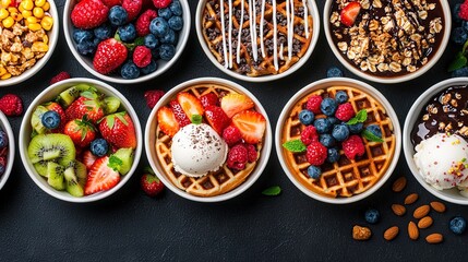   A table laden with bowls brimming with fruit, waffles, ice cream, and nuts