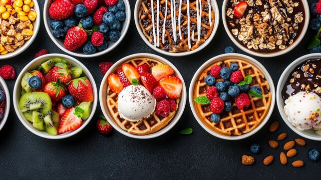   A table laden with bowls brimming with fruit, waffles, ice cream, and nuts