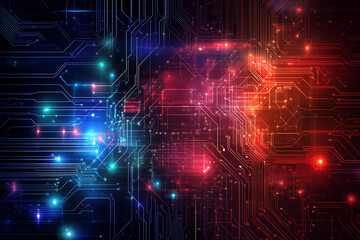 A futuristic circuit board design in festive New Year colors, featuring intricate digital technology elements, glowing lights, and advanced geometric patterns for a modern tech aesthetic.

