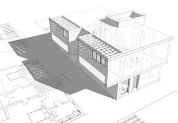 Architectural drawing  of a house 3d illustration