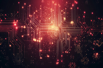 Fototapeta premium A futuristic circuit board design in festive New Year colors, featuring intricate digital technology elements, glowing lights, and advanced geometric patterns for a modern tech aesthetic.
