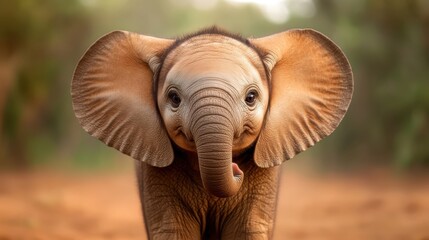 A cute baby elephant stands in a natural setting with large expressive ears and bright eyes, capturing the innocence and beauty of wildlife in a serene environment.