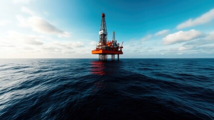 A solitary offshore oil rig stands amidst the vast ocean, its towering structure silhouetted against a vibrant, clear sky, exemplifying industry and nature's convergence.