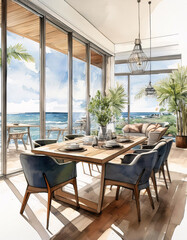 Fototapeta premium Sketch of a coastal dining room with ocean view and modern decor