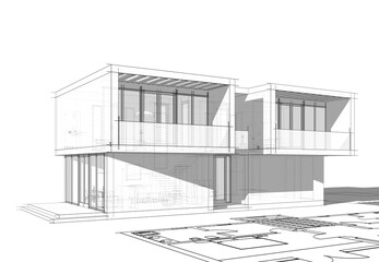 Architectural drawing  of a house 3d illustration