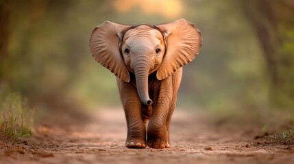 A charming baby elephant with large ears and small trunk walks confidently down a rustic dirt path, surrounded by soft-focused trees and gentle sunlight.