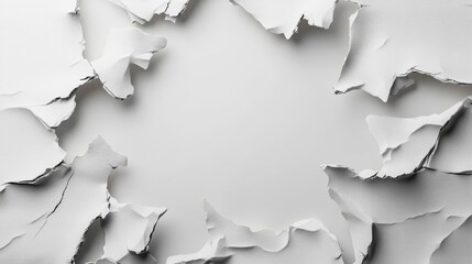 A striking abstract image showing white paper torn to reveal an empty background, visually resembling cracks on a distressed wall for an artistic effect.