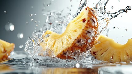 A succulent pineapple slice creates dynamic interaction with water as it splashes in mid-air, beautifully capturing energy, freshness, and tropical delight.