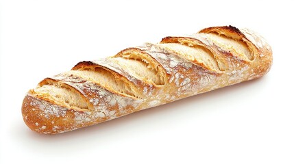   A lengthy loaf of bread rests on a white table alongside a partially eaten slice
