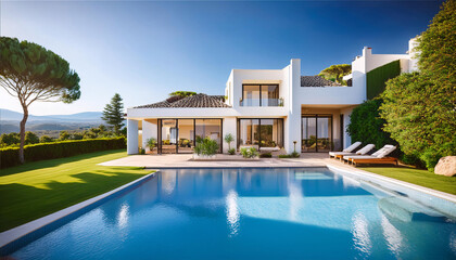 Fototapeta premium Modern house with large windows and pool at sunset