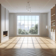 Fototapeta premium A modern living room with a fireplace, large windows, and hardwood floors
