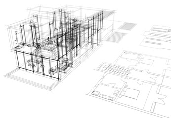 Fototapeta premium Architectural drawing of a house 3d illustration