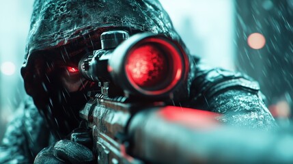 A focused figure in a rain-drenched hood aims a modern sniping rifle with a glowing red scope, creating an atmosphere of tension and precision under dark conditions.