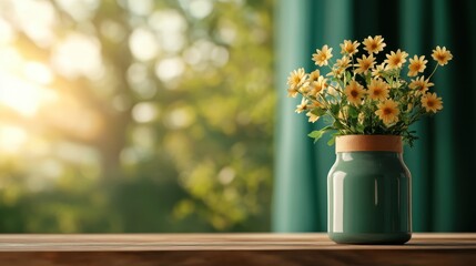 A teal jar filled with vibrant yellow flowers is placed on a wooden table, with a sunny and blurred green background providing a warm and inviting atmosphere.