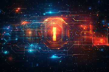 A futuristic circuit board design in festive New Year colors, featuring intricate digital technology elements, glowing lights, and advanced geometric patterns for a modern tech aesthetic.

