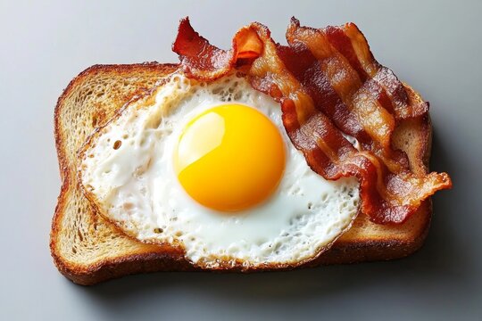 A top-down view of a hearty breakfast featuring fried eggs, bacon, and toast, symbolizing hunger satisfaction