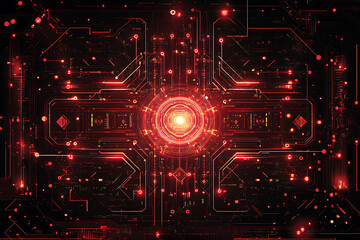 A futuristic circuit board design in festive New Year colors, featuring intricate digital technology elements, glowing lights, and advanced geometric patterns for a modern tech aesthetic.

