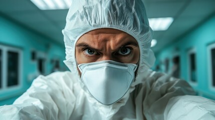 A focused doctor in full protective gear stares intensely in a brightly lit hospital hallway, showcasing dedication to safety and care in a medical environment.