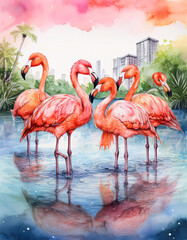 Obraz premium A group of flamingos standing in shallow water with reflections, surrounded by lush greenery and city buildings in the background, under a colorful sky