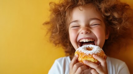 A cheerful child with curly hair laughing while holding a powdered donut, set against a vibrant yellow background, capturing pure happiness and delight.