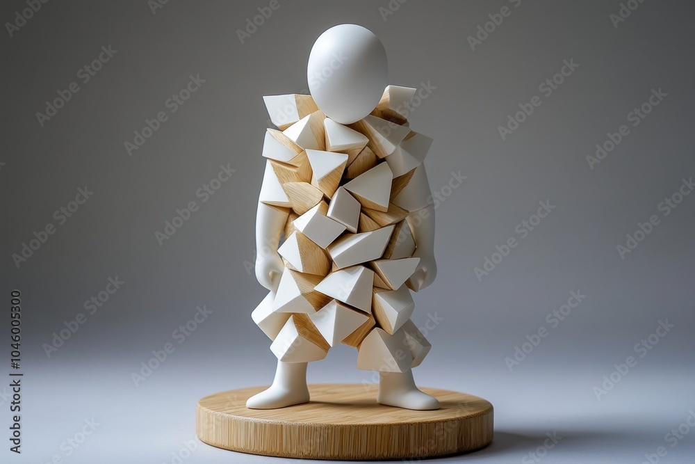 Poster abstract minimalist depiction of a person standing tall, using simple geometric shapes to symbolize 