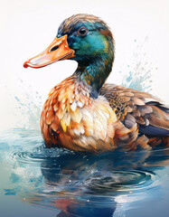 A vibrant watercolor painting of a duck swimming in a pond. The duck's feathers are a mix of brown, orange, and green, and the water is a beautiful blue with ripples