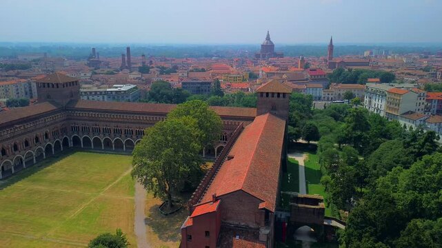 Drone view of the city with the cathedral and the castle of the Visconti dynasty and the museum, archaeological finds. City of a hundred towers historical medieval architecture. Italy Pavia 22.04.2025