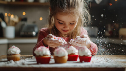 Naklejka premium Joyful little baker decorating cupcakes with sprinkles in a cozy kitchen