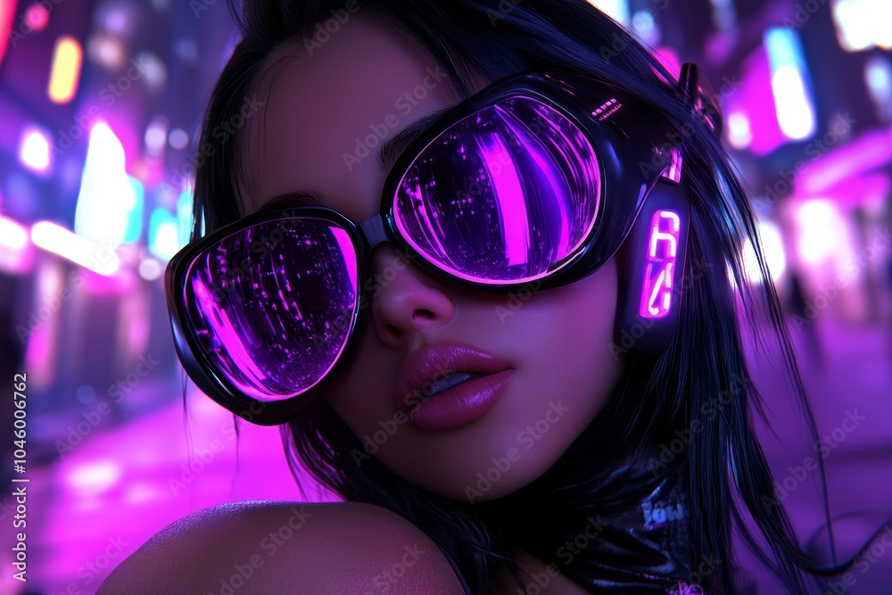 Poster cyberpunk character receiving a glowing token of appreciation in a neon-lit city, with futuristic de