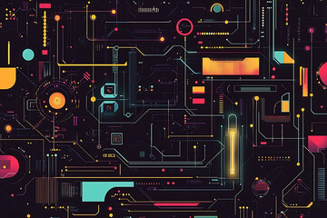 A futuristic circuit board design in festive New Year colors, featuring intricate digital technology elements, glowing lights, and advanced geometric patterns for a modern tech aesthetic.


