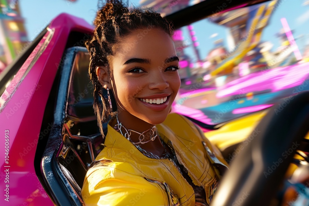 Aufkleber cyberpunk character smiling in a neon-lit city, with glowing lights and futuristic technology symbol