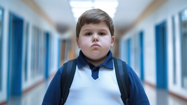A lonely boy wearing a school uniform looks upset in a hallway, feeling the weight of bullying due to his weight at school. Generative AI