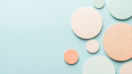 Obraz premium A cluster of wooden circles resting atop a blue and pink background, with one circle positioned centrally within the arrangement