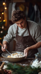 Young baker preparing dough in cozy kitchen with festive decor and warm lighting