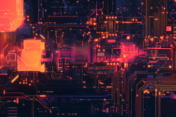 A futuristic circuit board design in festive New Year colors, featuring intricate digital technology elements, glowing lights, and advanced geometric patterns for a modern tech aesthetic.

